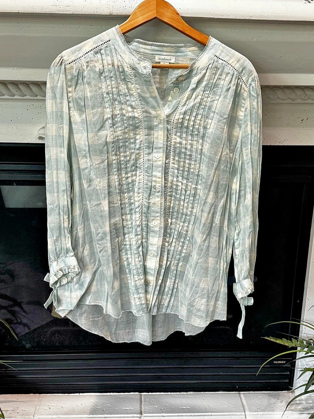 Sundance Plaid Pattern Cotton Blouse in Blue & White Size XL